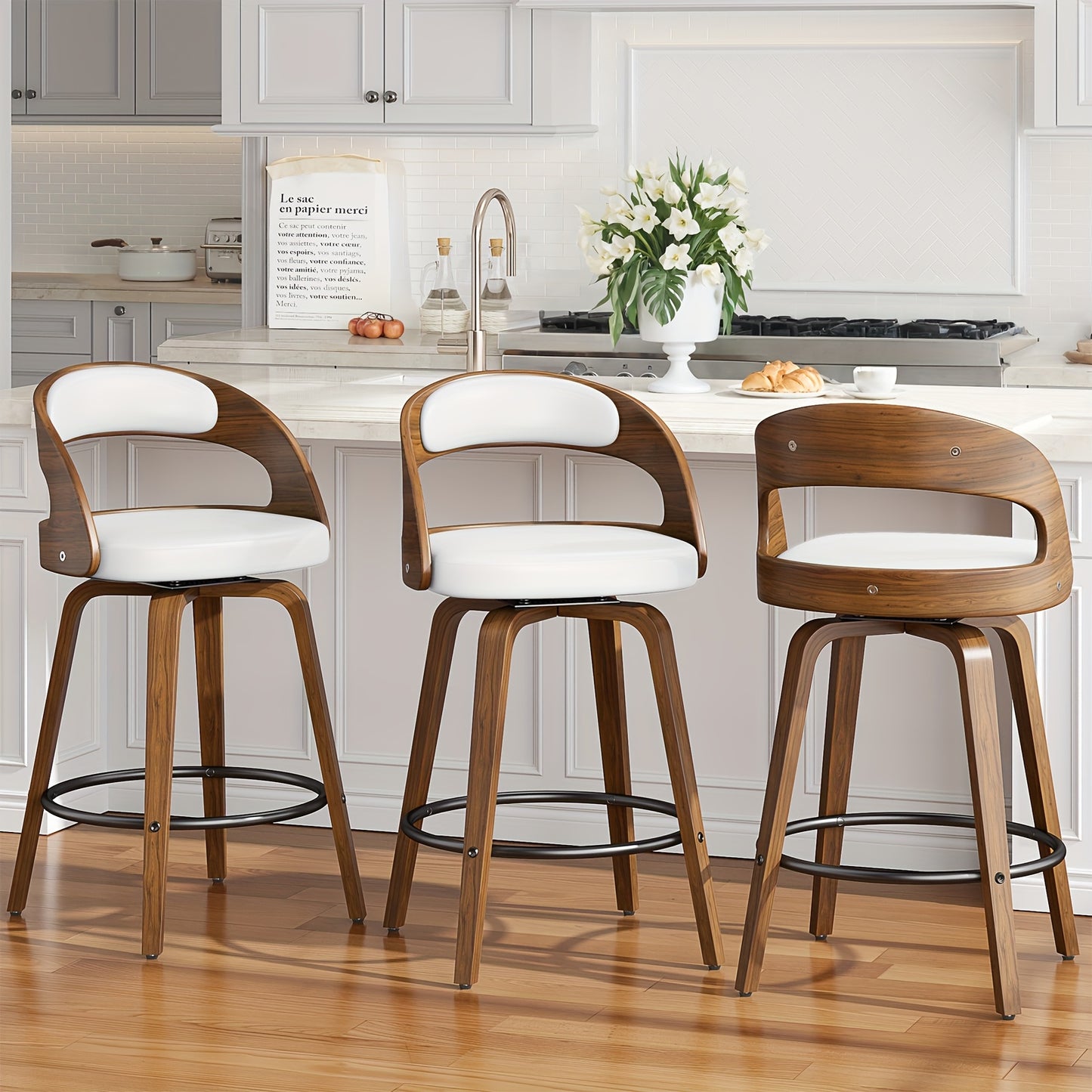 3/4pcs Modern Upholstered Bar Chair Set, 26" Counter-Height Stools With Thick Soft Cushion, Ergonomic Back Support, Solid Wood Legs & Footrest For Kitchen Island