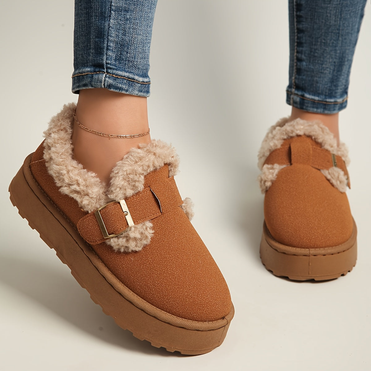 Women's Beige Mocha Slip On Winter Boots Plush Faux Fur Lined Ankle Boots with Adjustable Strap Comfort Footwear Indoor Outdoor House Shoes Non Slip Sole