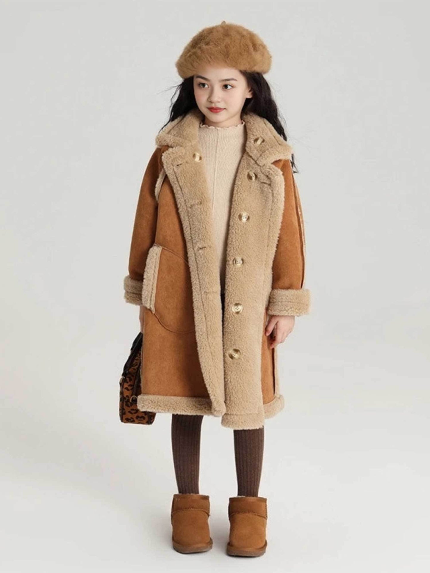 Girls' Reversible Winter Shearling Coat with - Thickened Double-Breasted Jacket, Thick Warm Outerwear for, Playdates & Cold Weather (Machine Washable) | Solid Color Fuzzy Shearling for