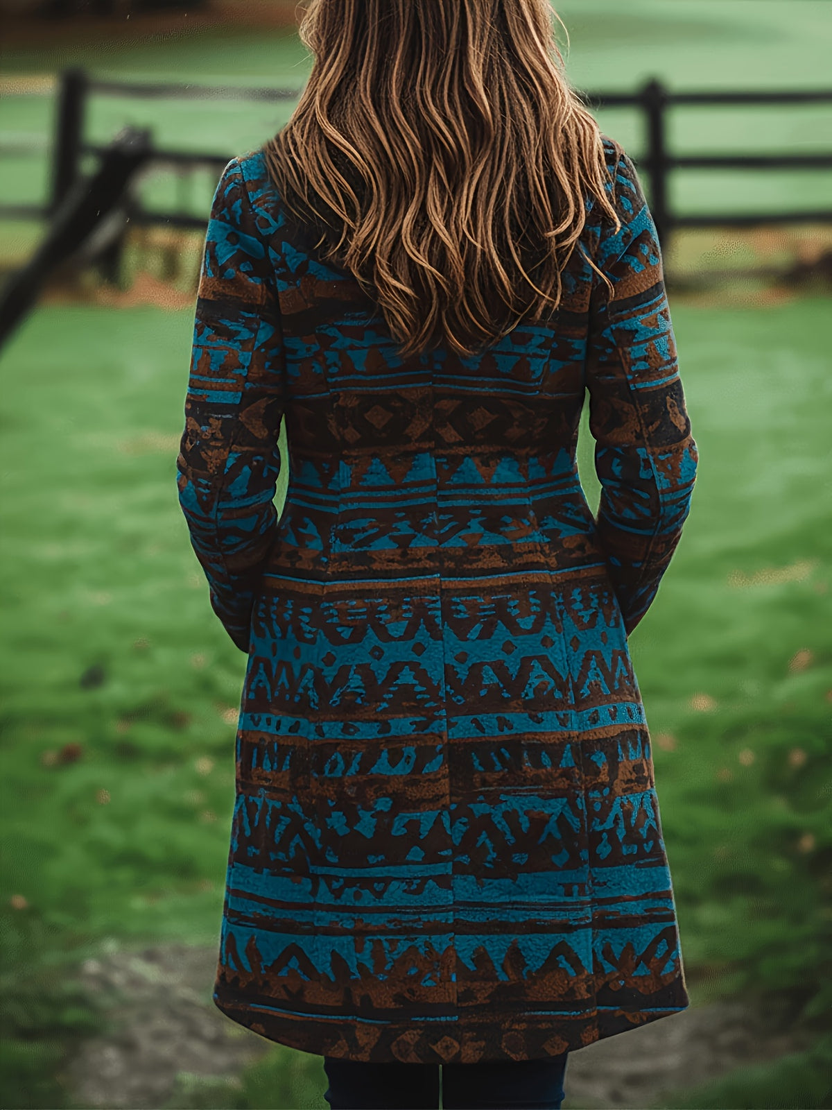 Vintage Ethnic Print Midi Trench Coat, Blue and Brown Print with Chic Vintage Style, Sharp Stand Collar Design, Western Vintage Style, American Country Outfit