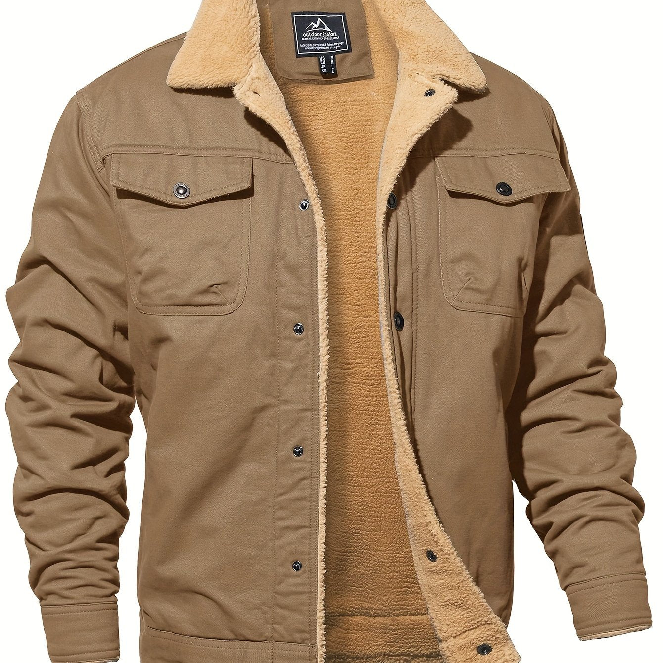 Men's Winter Jacket, Casual Grain Feel Fleece Washed Fabric Thick Soft Cozy Warm, Twill Texture Multifunctional Pocket Open Placket Metal Buckle, Trucker Style, Outdoor Running Hiking Climbing Camping Traveling Fishing Daily