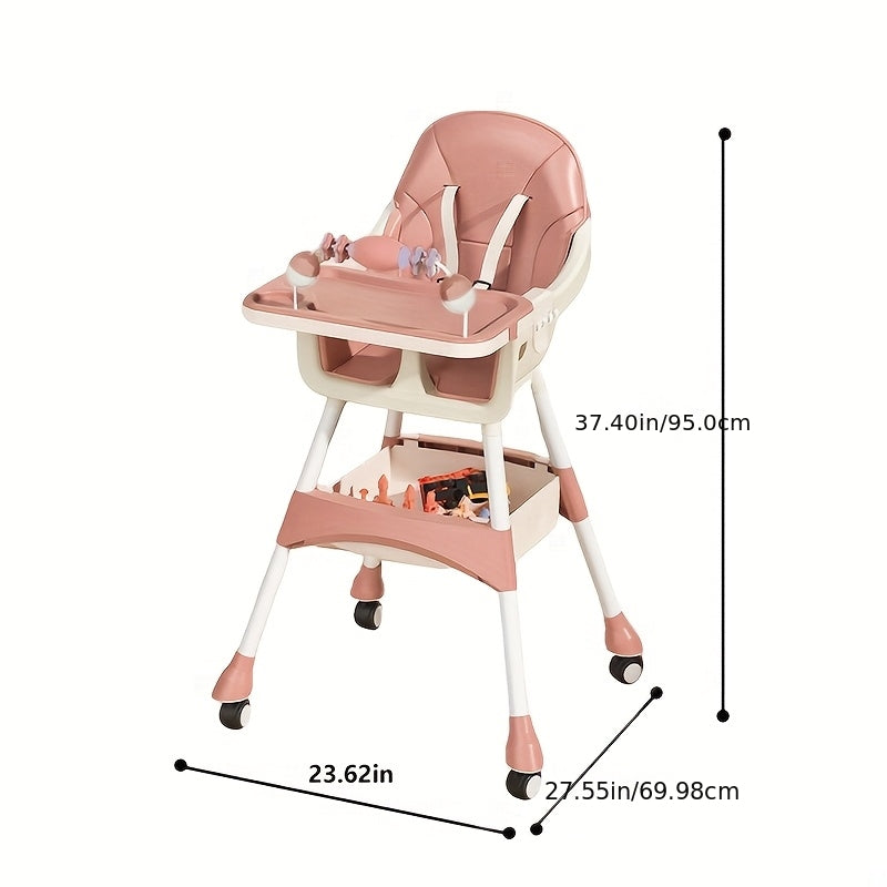 Adjustable Height Baby High Chair - Convertible Low-Profile High/Low Chair with Safety Belt, Detachable Tray Table, Footrest & Toy Shelf - Convertible Feeder for & (Assembly Required) for solid & purees