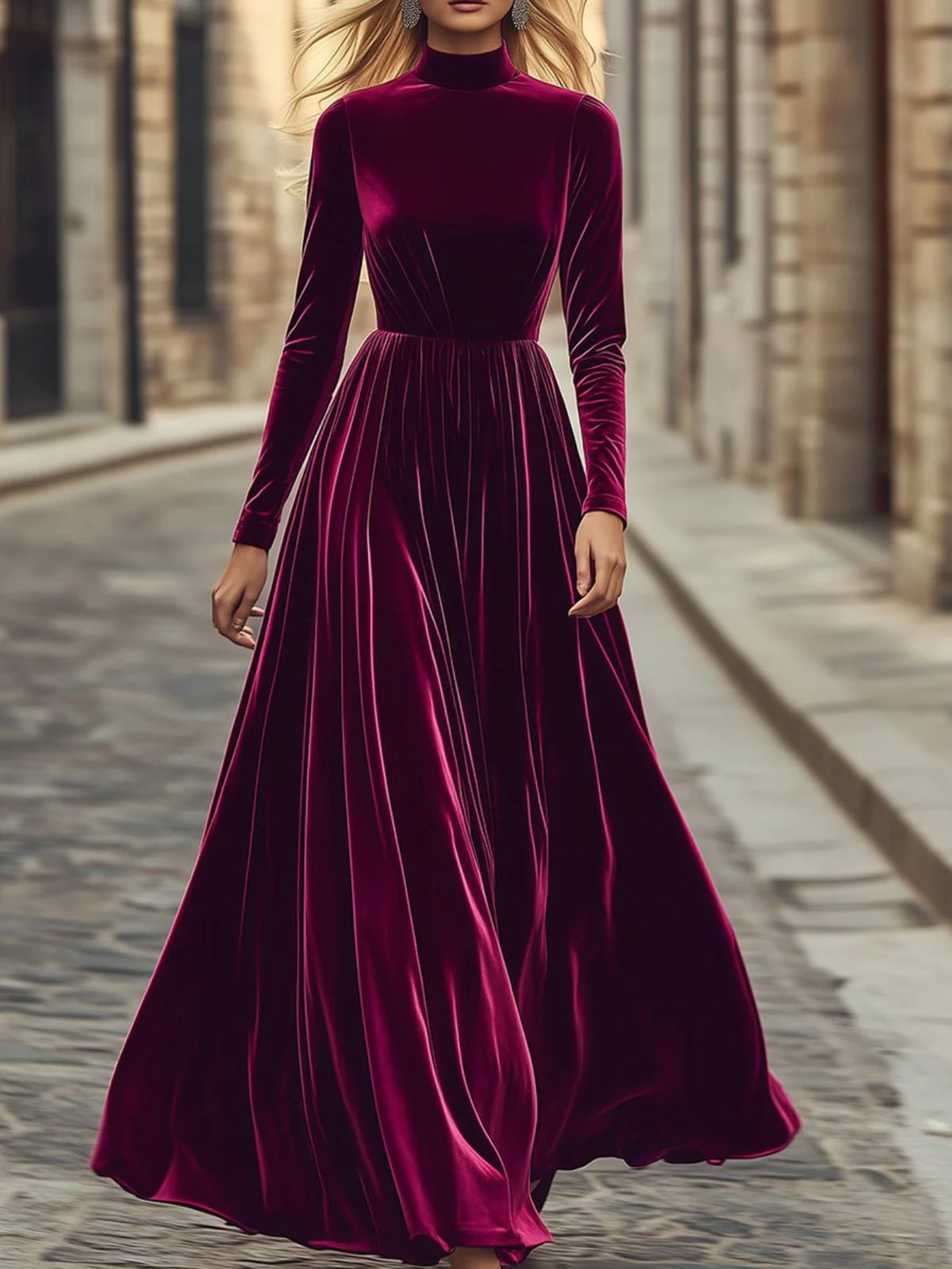 Women's Luxurious Burgundy (Wine Red) Velvet Turtleneck Maxi Dress - A-Line -Length Formal Gown with Cinched Waist & Long Sleeves, Hand Washable Winter Wedding, Prom, Gala & Party Dress