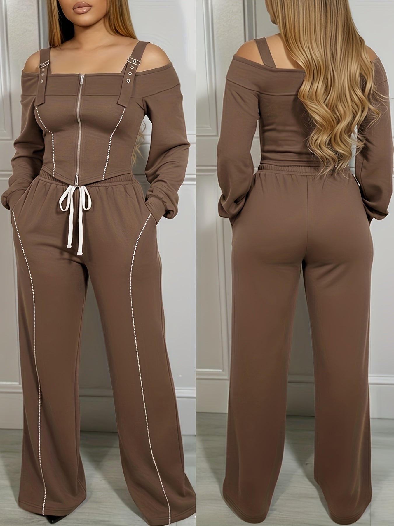 2pcs Outfit Trendy Long Sleeve Cold Shoulder Top And Drawstring Waist Pants with Pockets