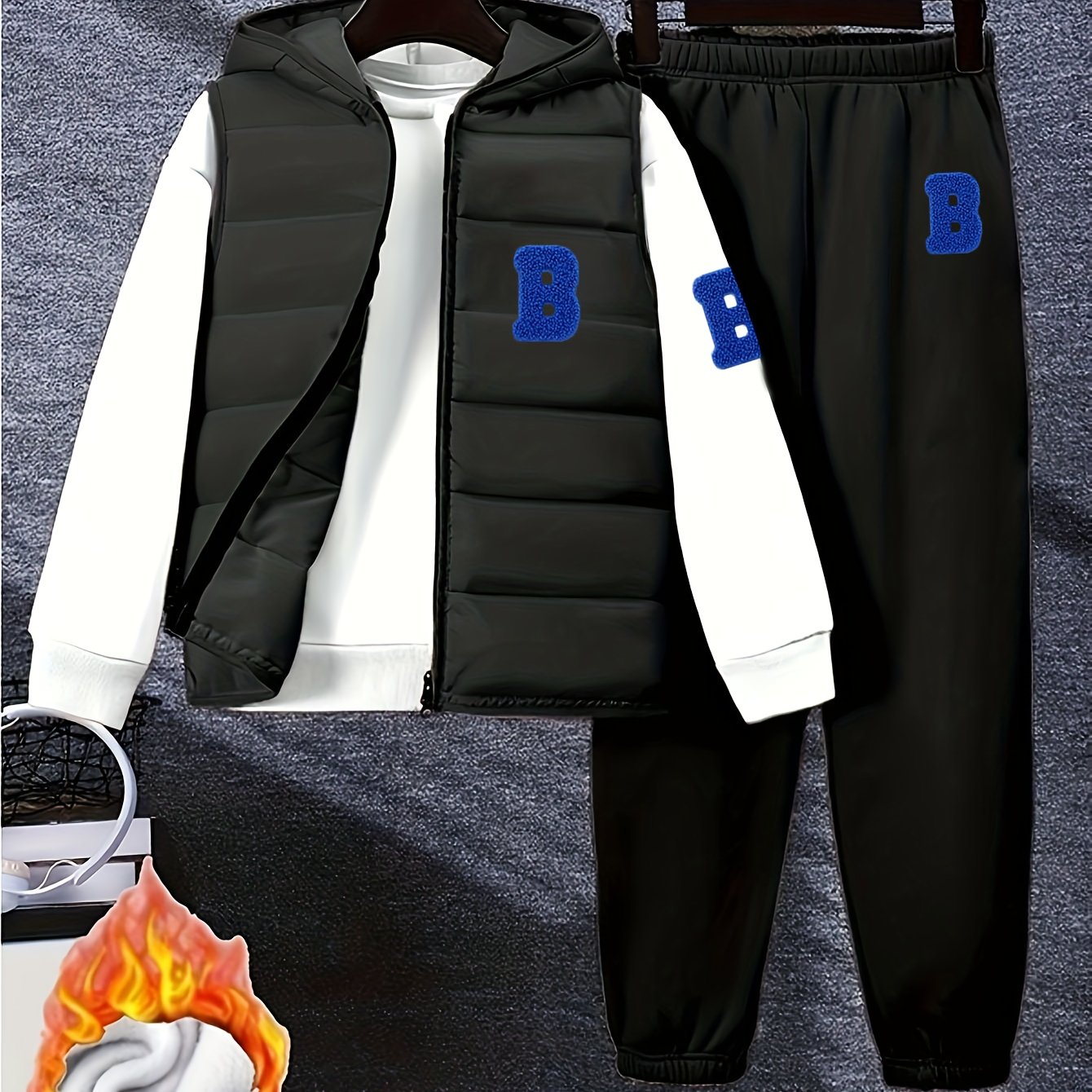 Boys' Autumn and Winter Black Set - 8-12Y Warm 3pcs Outfit (Fleece Vest + Sweatshirt + Pants), Casual Style, for Outdoor