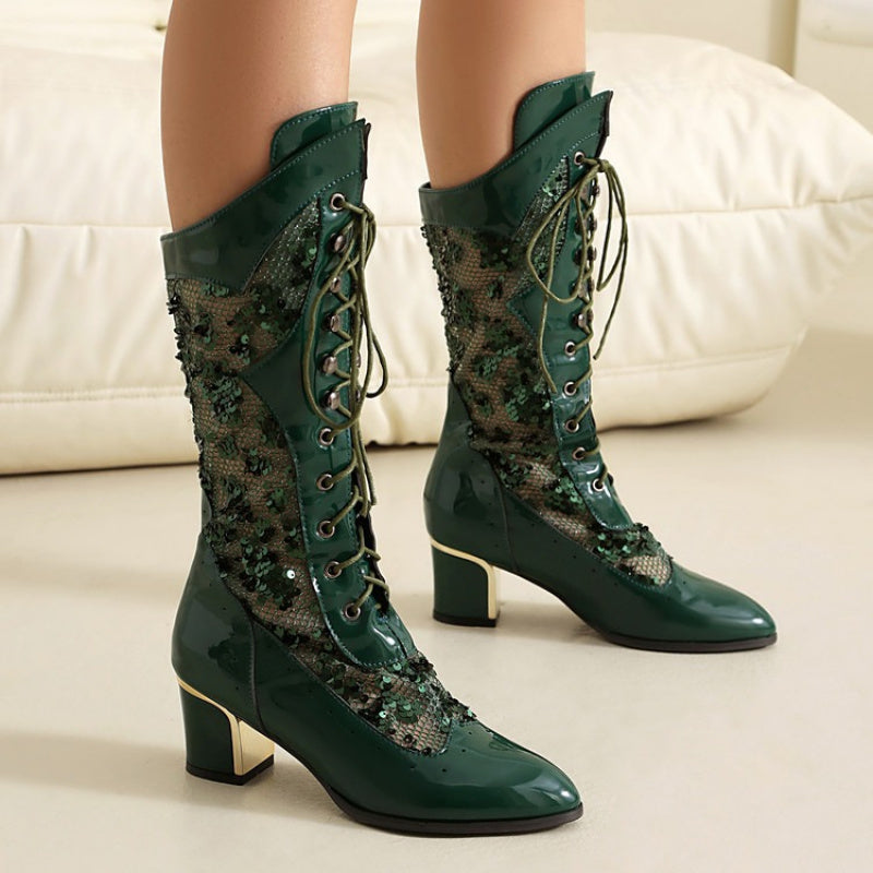 Women's European & American Style Elegant Mid-Calf Boots - Pointed Toe Chunky Block Heel (Mid-Heel Height) Upper with Lace-Up Closure, Toe Semi-Formal/Dress Boots for Party Wedding, Comfortable & Durable Casual Outfit
