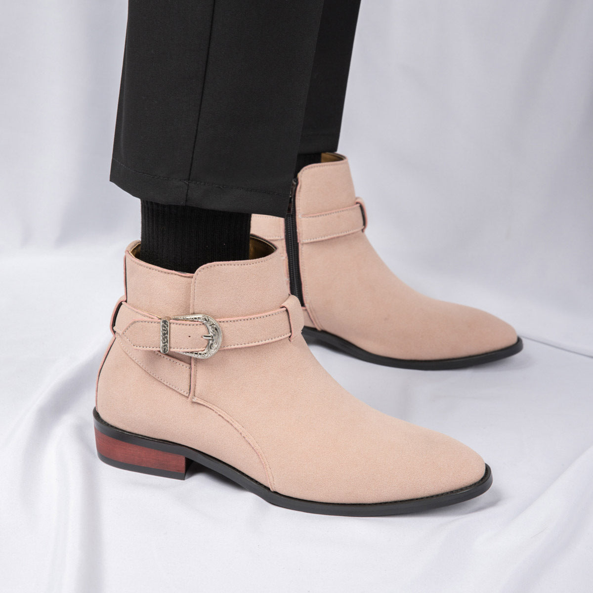 Women's Slip-On Buckle Ankle Boots - Round Toe Mid-Calf Boots with Metallic Buckle Closure, All-Season Comfort for Weddings, Parties & British Style, Beige & Pink