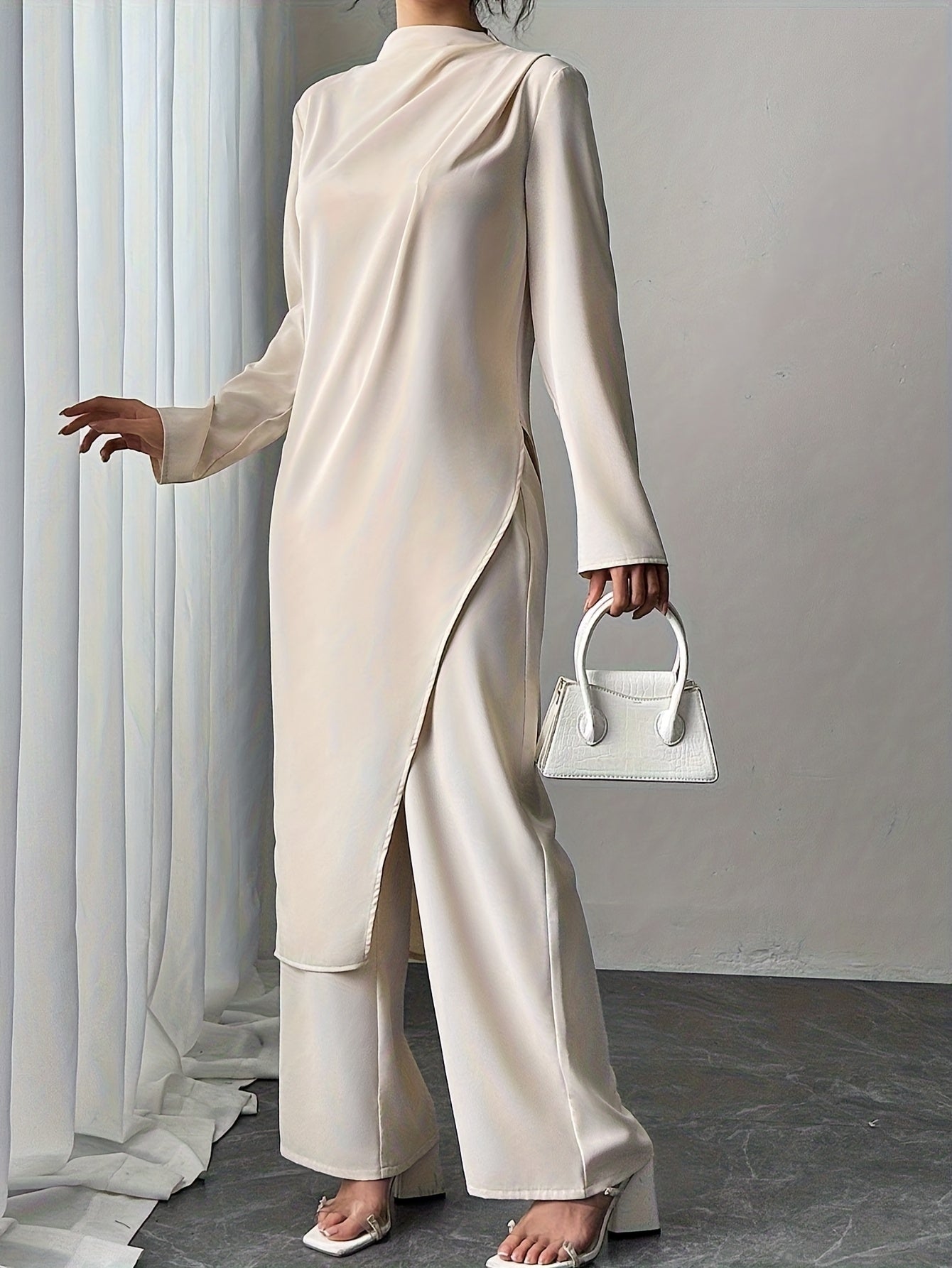 Women'S New Spring And Summer Fashion Set Featuring an Elegant Solid Color High-Neck Long-Sleeve Top with an Asymmetrical Hem And Wide-Leg Pants, Perfect for Casual Daily Wear