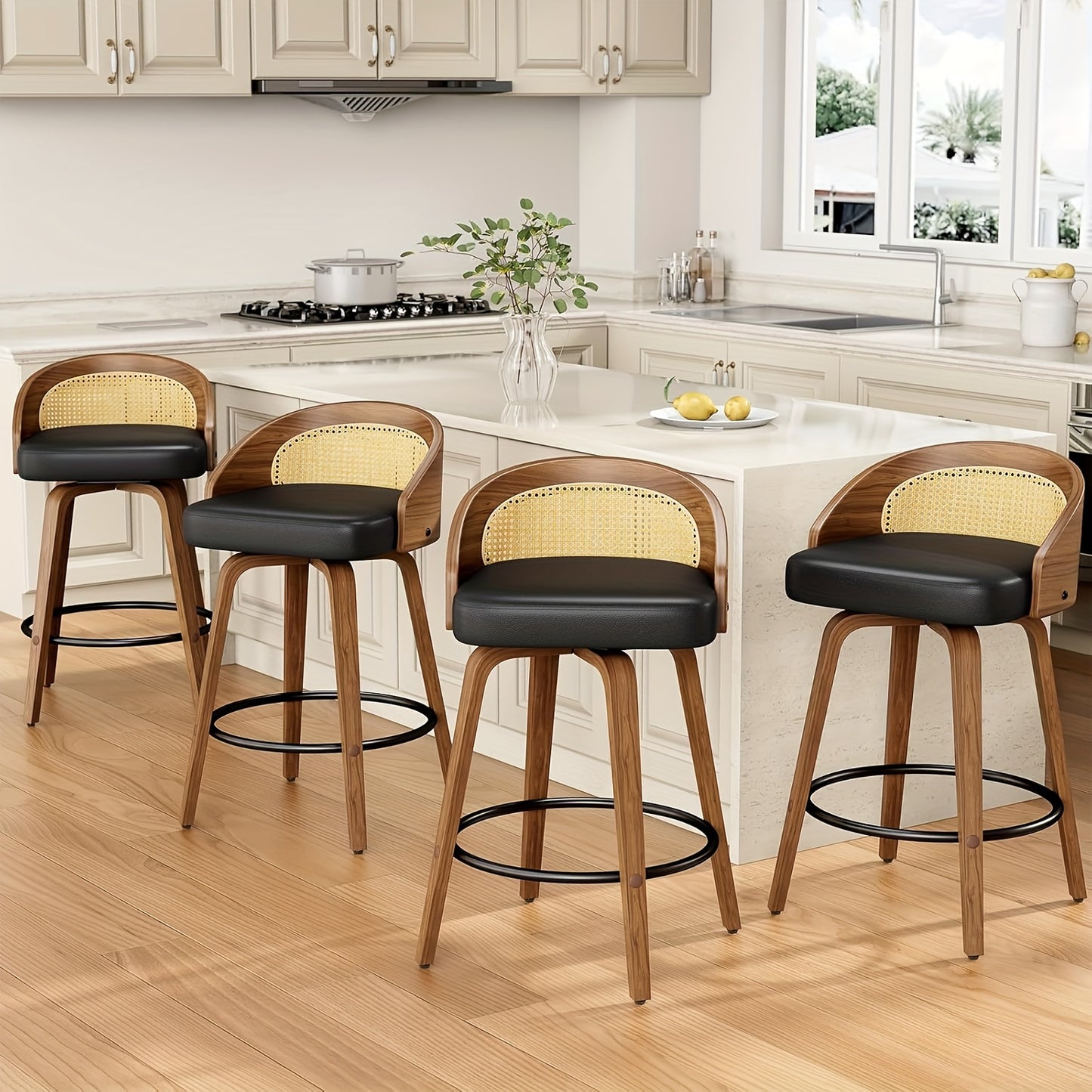 3/4 Bar Stool Set: Luxurious Faux Leather, Swivel Design, Armless, Featuring Thick Cushions And Back Support, Specifically Designed for Kitchen Islands And Bar Counters.