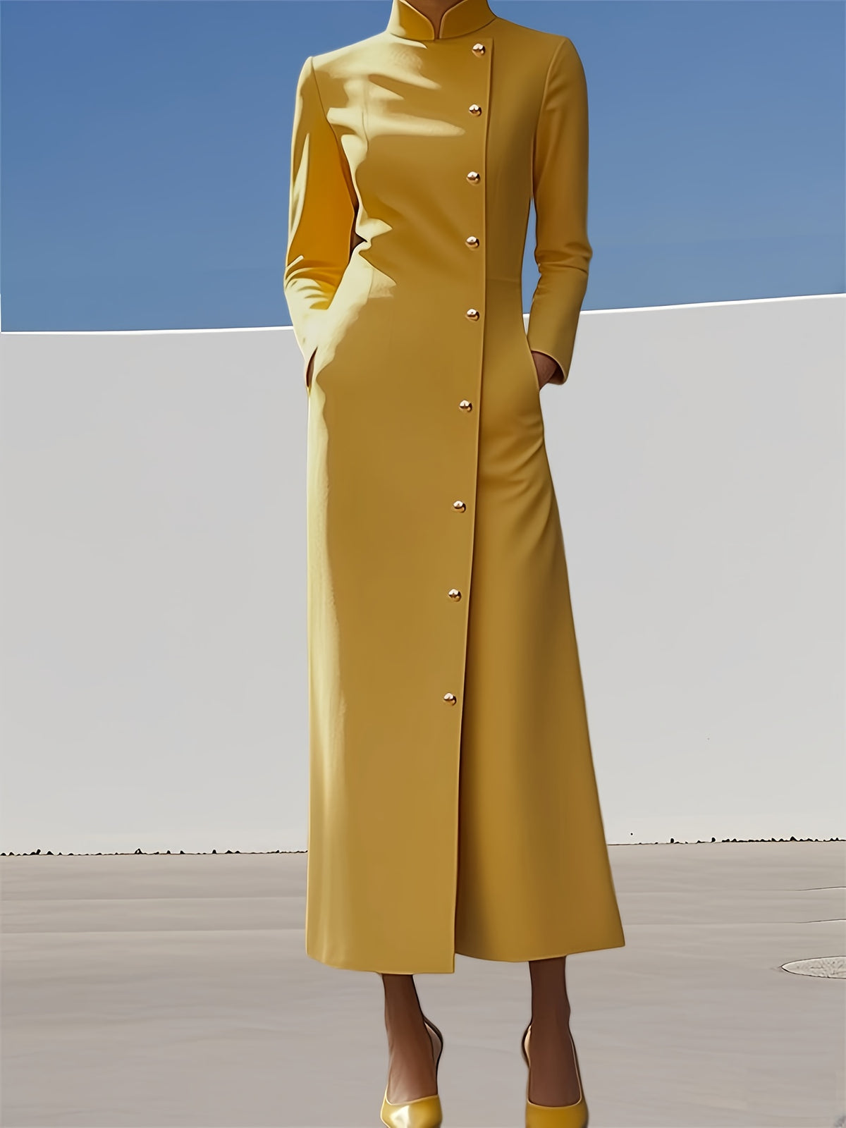 Women'S Elegant Long Sleeve Maxi Dress with Stand Collar & Button Front Closure - Loose Fit Solid Color Maxi Dress with Pockets, Structured Waist, Long Sleeves & Split Hem for Fall/Winter, Formal & Semi-Formal Events - Durabl
