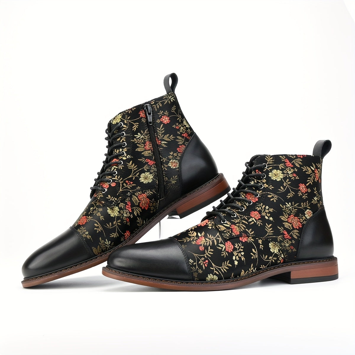 Men's Retro Boots with Floral Embroidery, Black Ankle Boots, Casual & Stylish for All Seasons, Round Toe & Rubber Sole, Perfect for Hiking, Outdoor, and Casual Attire