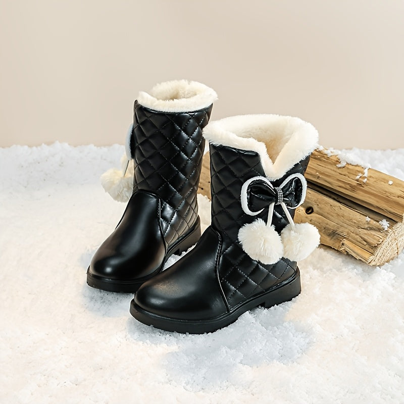 ' High Quality Winter Snow Boots with Wrist Strap - Thickened Warm Mid-Calf (Middle Tube) for ice Skating, Skiing & Outdoor Play - 2025 New Princess Bow/Striped/Solid Color Boots, Easy Slip-On for Cold Weather, TPR Sole & Fab