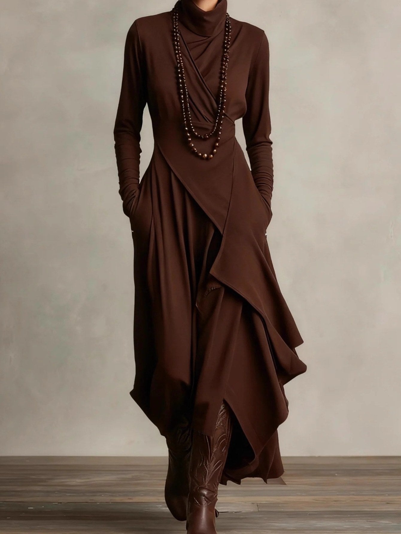 Plus Size - HERTALK Women'S Solid Color Long-Sleeved Cross High-Neck Dress Long Dress