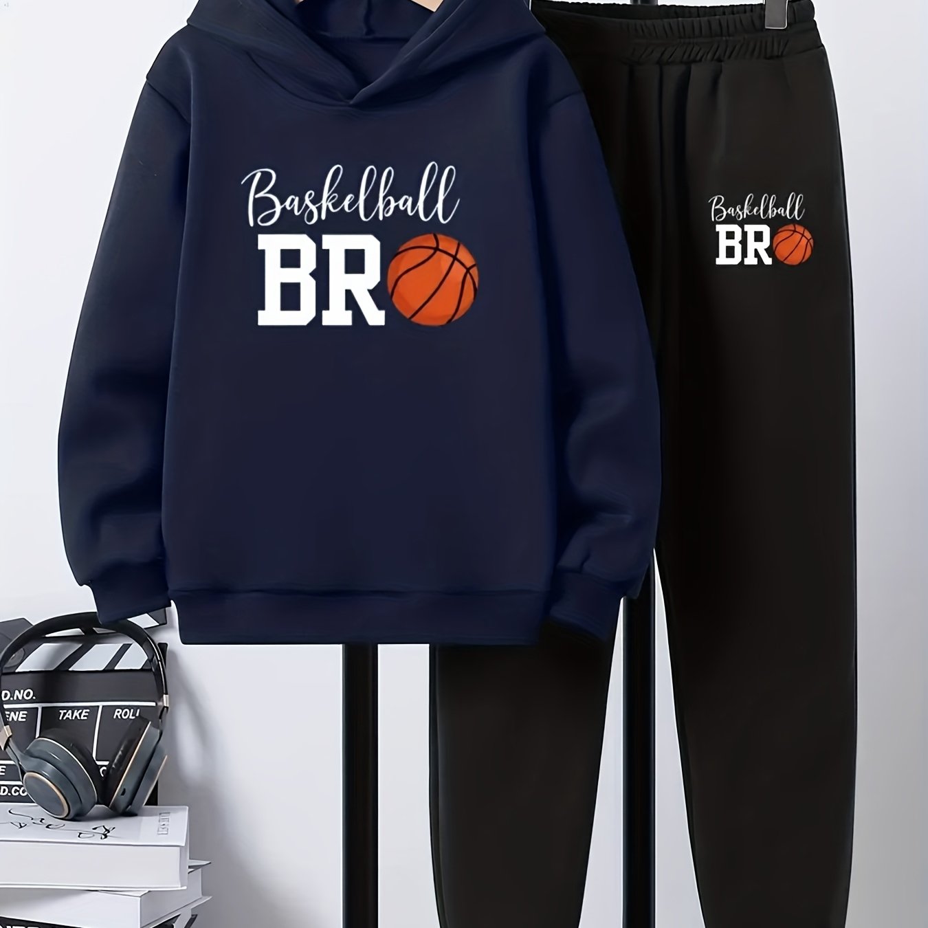 2pcs Boys' Basketball Outfit Set - Hoodie & Joggers with BR Print, Thick Winter Warmth, Machine Washable Casual Playwear for School & Practice, for Outdoor, Perfect For Youngsters' Sports & Activities