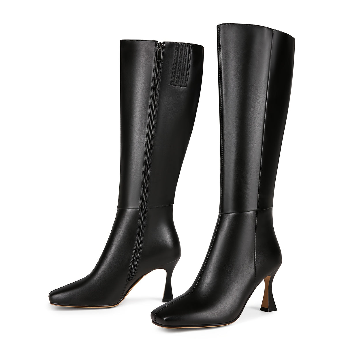 Chic Black Square-Toe Knee-High Boots with Flared Heel for Women - Faux Cover, Rubber Sole, Mesh Lining, Zip Closure