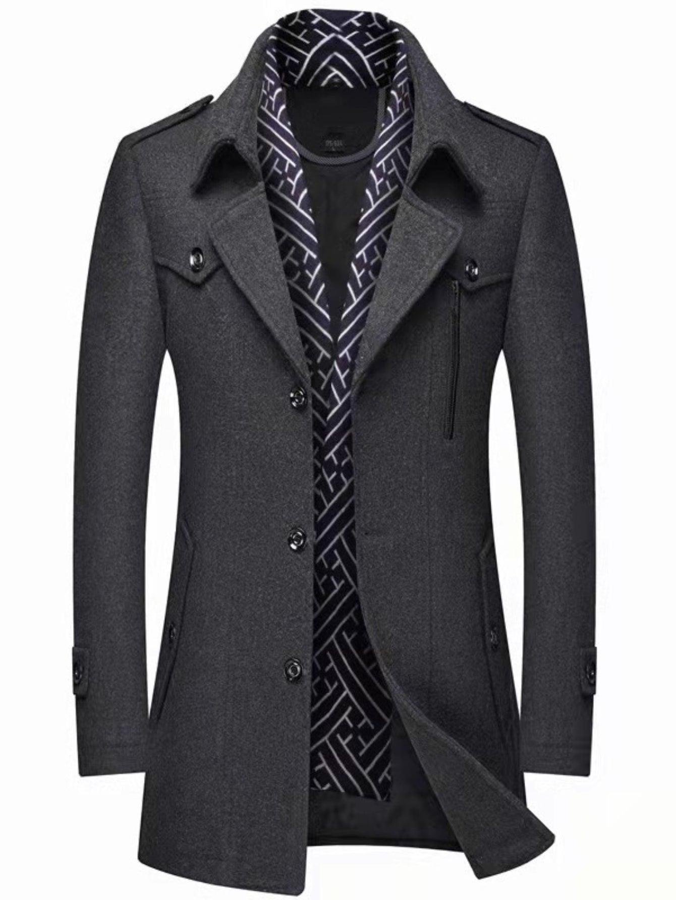ARTPAGE Men'S Winter Warm Tweed Trench Coat with Scarf Collar - & Golden-Tone Button Front Closure, Structured Lapel Collar & Chest Pocket