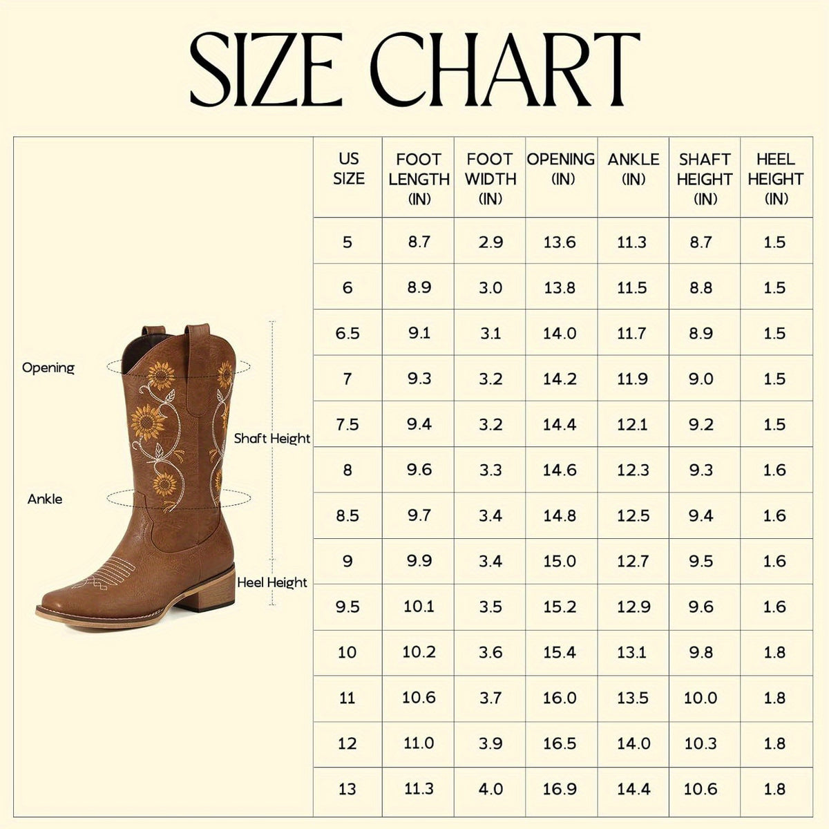 Women's Mid-Calf Cowboy Boots | Western Sunflower Embroidery | Square Toe, Chunky Heel Pull-On Design | Faux Cover with Fabric Lining & Rubber Sole | Elegant Retro Style for Country Outings and Concerts, Western Style Boots |
