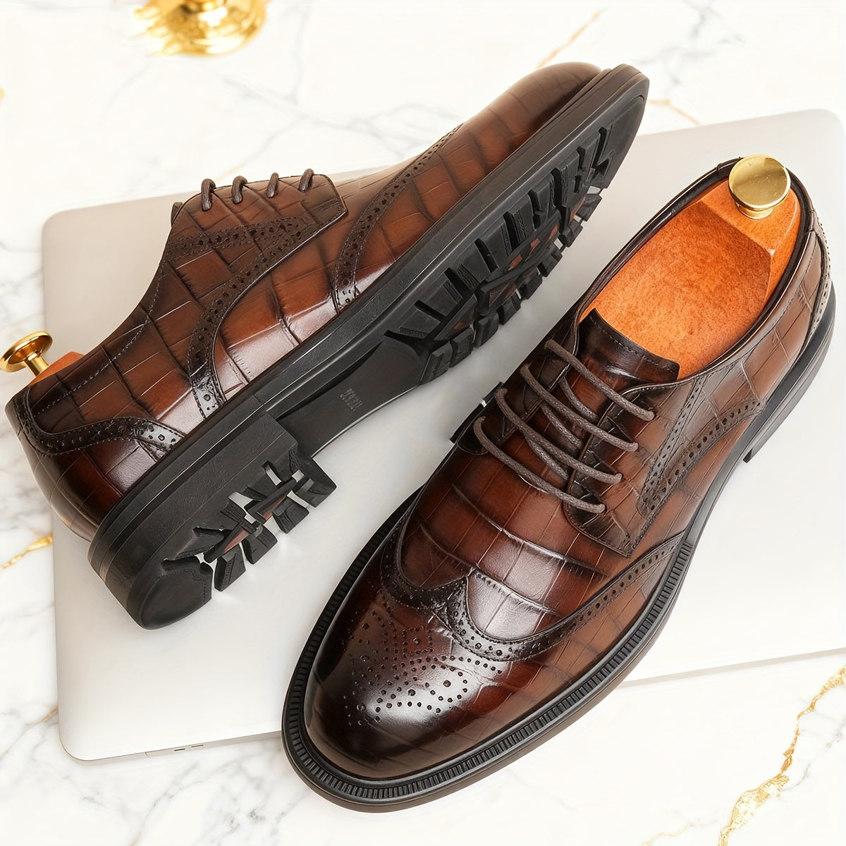 Men'S Genuine Leather Classic Brogue Oxford Shoes - First Layer Cowhide Upper & Pigskin Lining, Non-Slip Rubber Sole, Round Toe Short Design with Decorative Brogue Pattern, All-Season Versatile Dress Shoes for Business, Casua