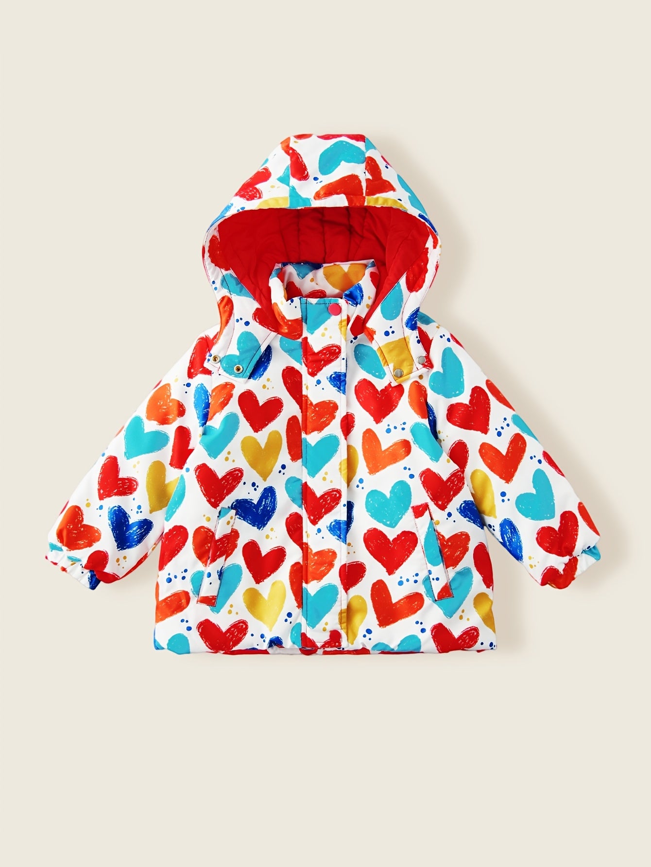 Girls' Cute Ski Suit Set - Winter Snow Jacket & Pants with Heart Print, Red Contrast Color Block, Hooded Jacket & Zipper Closure, Machine Washable Warm Outfit for Baby Girls & (Pink/White/) - Skiing & Snow