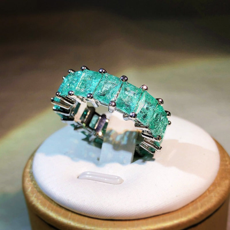 Full-circle Synthetic Paraiba Ring for Women, Princess-cut Stone, Suitable for Gatherings, Parties and Daily Wear