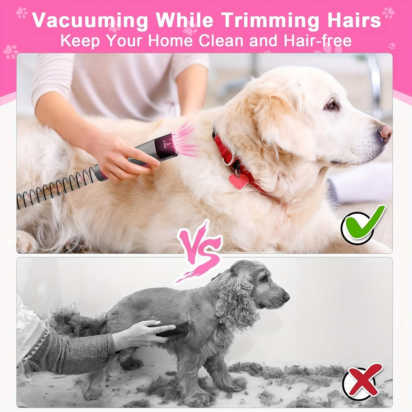 Dog Grooming Kit 10pcs, Red/Purple All-in-One Blow/Suction/Trimming Pet Grooming Tools, Hair Clipper, Vacuum Cleaner, Powerful Hair Dryer, Power Adjustable, Easy to Remove Hair, More Suitable for Pet Cats And Dog Use