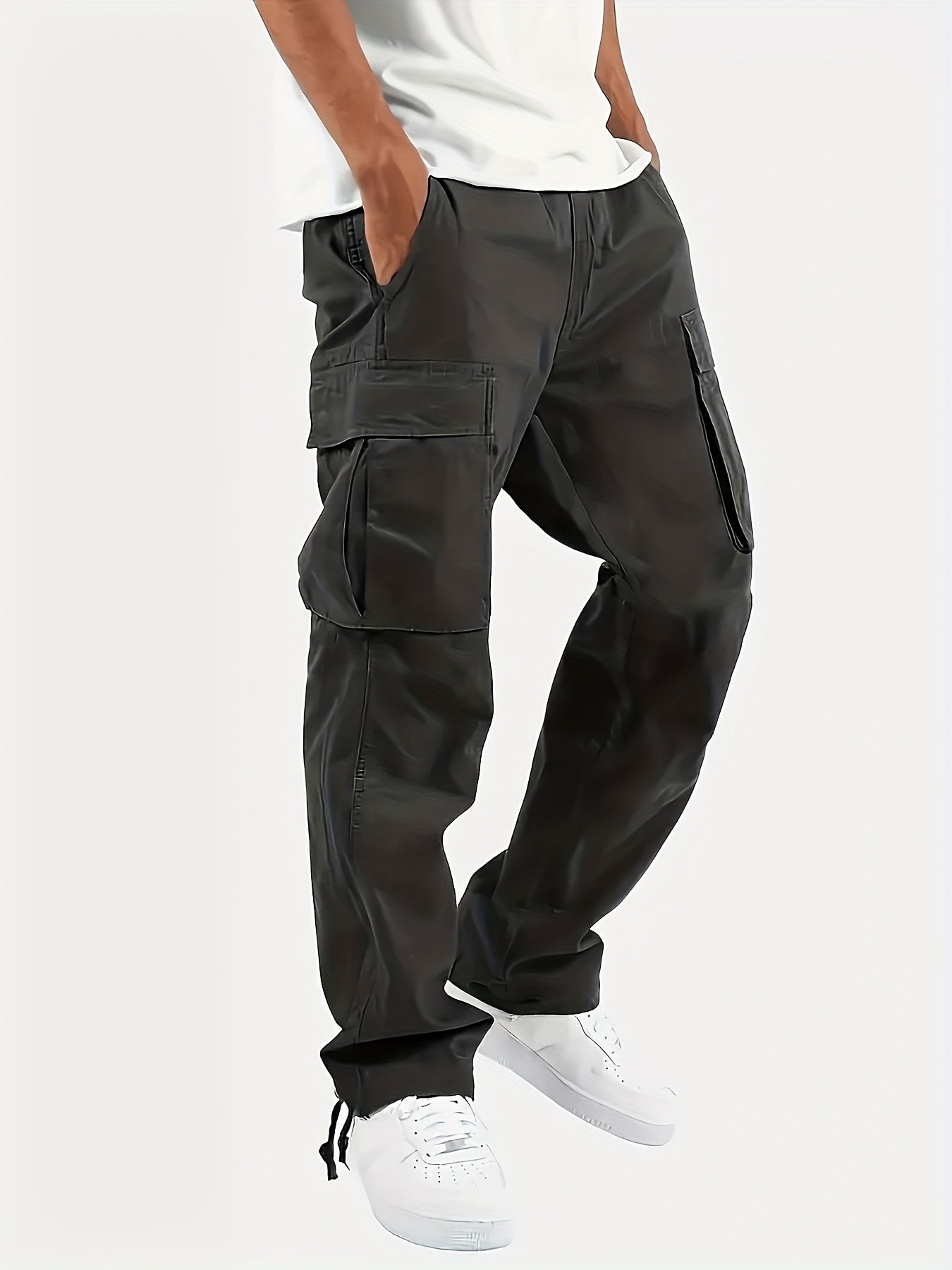 4pcs 's Heavy-Duty Cargo Pants with Elastic Drawstring Waist & Multi-Pocket Work Pants - Loose-Fit -Style Trousers for Outdoor,, Camping (Grey/Beige/Black/Brown) - Machine Washable (Teens & Adults), Perfect for Outdoor, for T