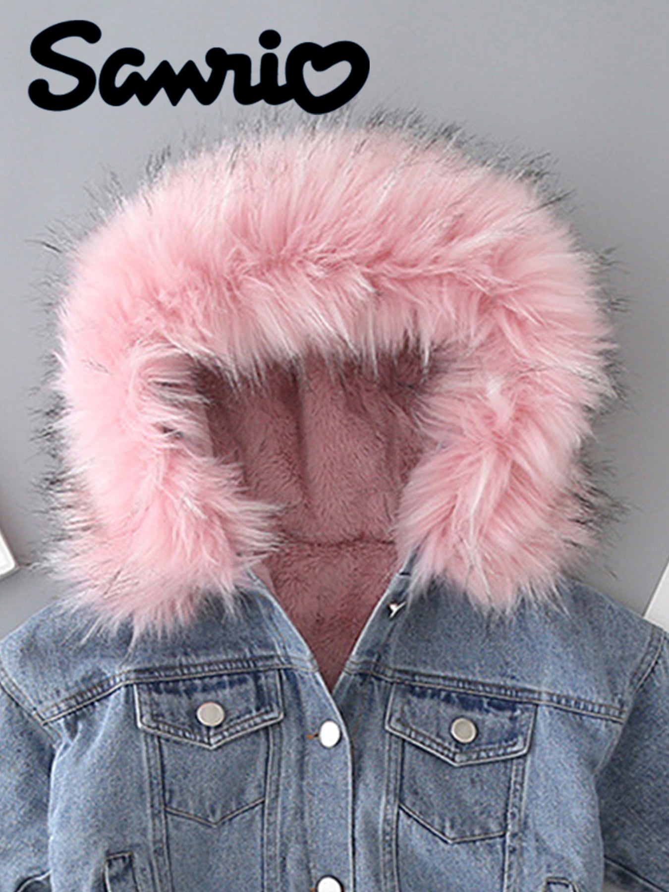 Sanrio Official Licensed Girls' Hello Kitty Kuromi My Melody Cinnamoroll Denim Jacket - Thickened Fleece-Lined Hooded Winter Coat with Pink Fleece Trim, Cute Anime Characters, Retro Style, Cozy Fall & Winter Outerwear, Perfec