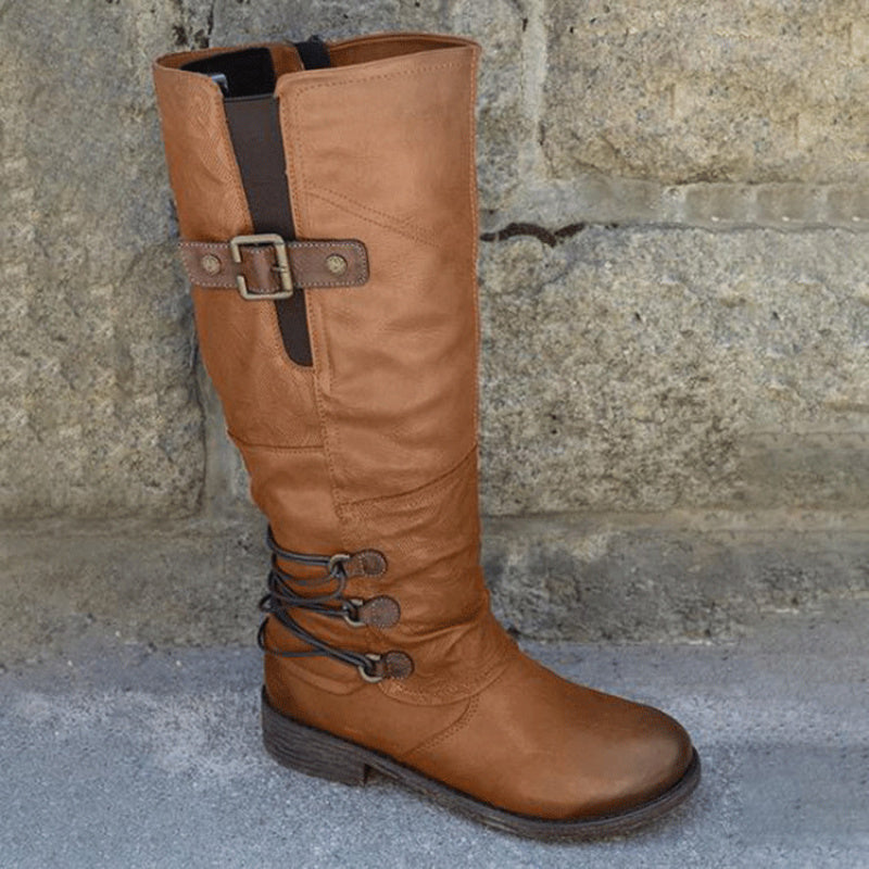 Women's Cover Round Toe Low Block Heel Boots with Buckle & Lace-Up Closure, Thick Winter Warm Cowhide for Casual Outfits, Casual Attire & Cold Weather ( Sole) - Cozy Ankle Booties for Dresses/Skirts/Trousers