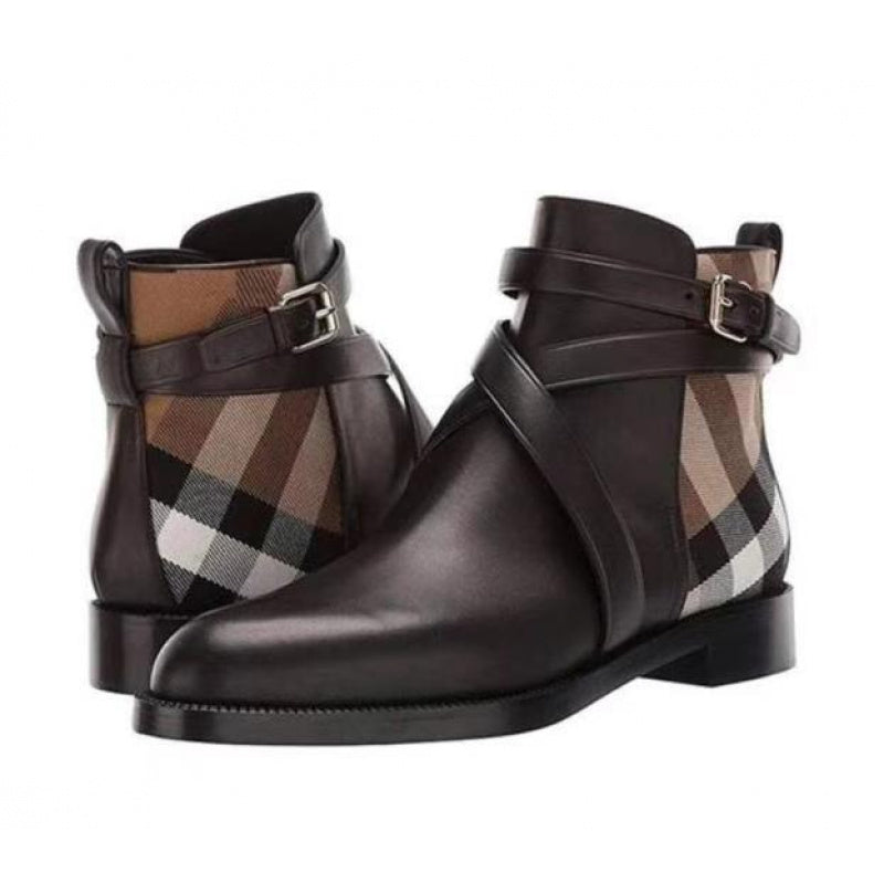 Ankle Boots for Women with a Plaid Design And Buckle Accents, Offering a Blend of Elegant Casual And Adaptable Styles, Perfect for Relaxed Office Days And Urban Strolls on Weekends, Enhanced by a Low Chunky Heel And Timeless