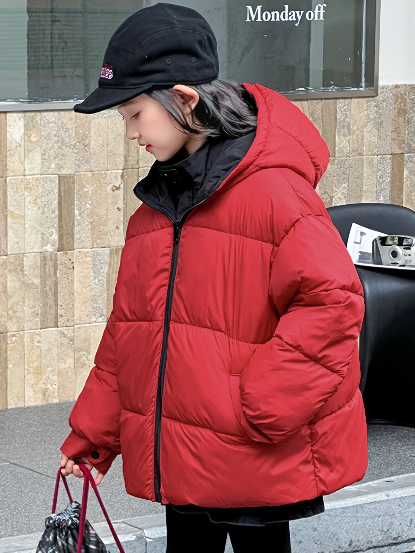 ' Reversible Short Jacket Hooded Winter Coat - Black/Red Two-Tone Jacket with Zipper Closure, Pockets & Belt, Warm Vest 53-65in Height ( &) - Skiing, & Outdoor Activities, for Teenager
