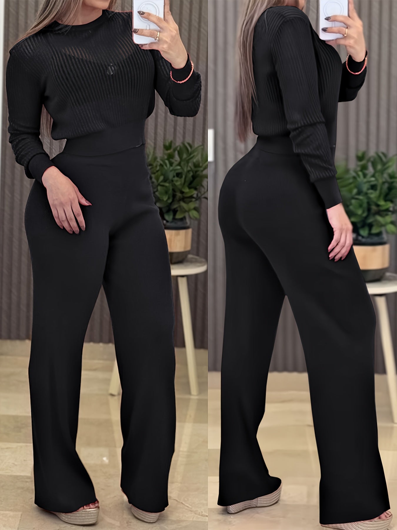 Set of a Round Neck Long Sleeve Top with Vertical Pit Texture And Casual Wide Leg Trousers.