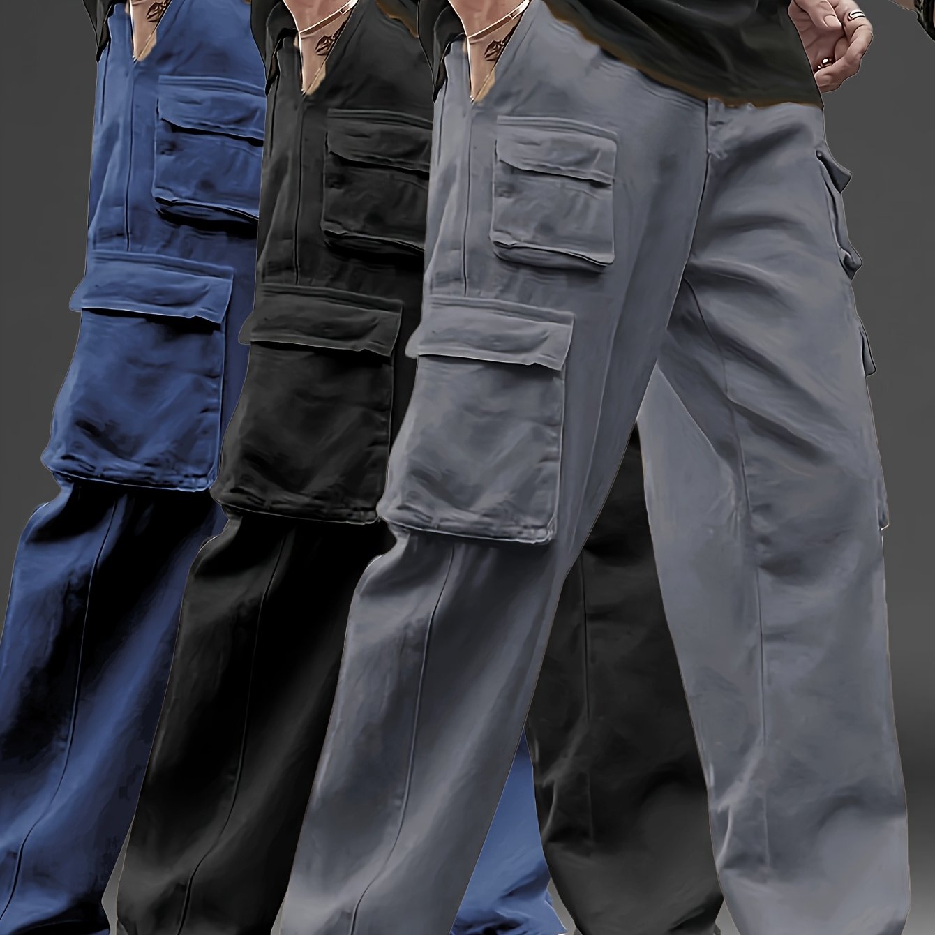 3pcs Men's Multi-Pocket Cargo Pants: Features a Trendy Loose Fit and Durable Design, Making Them Versatile Casual Work Pants Perfect for Outdoor Sports, Daily Wear, Travel, and Various Other Occasions.