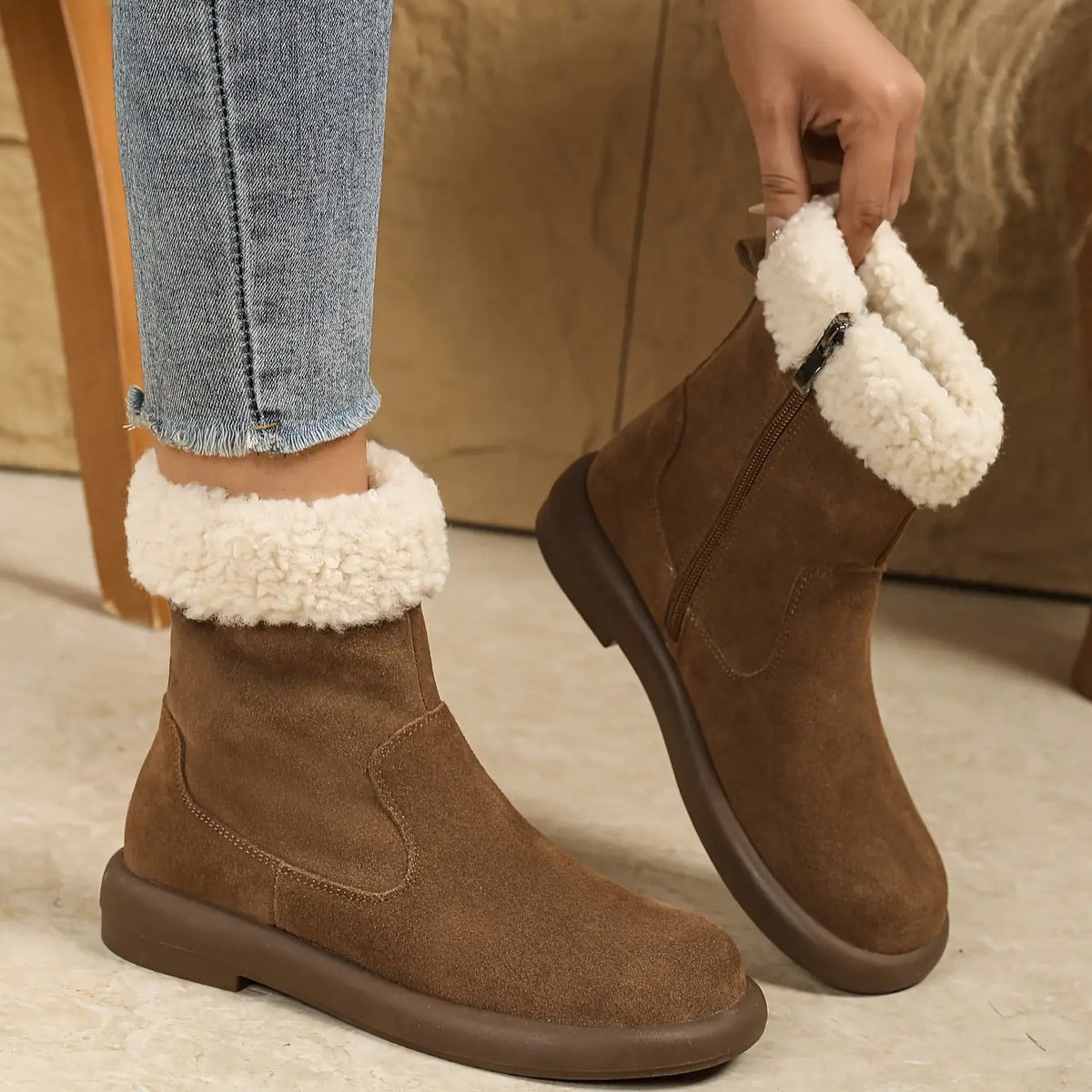 Women's Cover Winter Snow Boots with & -Like Warmth - Thickened Short Ankle Boots, Zipper Closure, Round Toe & Platform Sole - Brown Cowhide for Ice, Snow, and Cold Weather (Hand Washable)