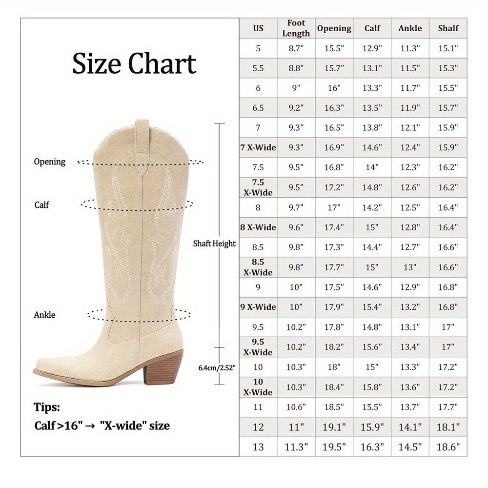 Women's Western Embroidered Cowgirl Boots - Knee-High Wide Calf Slip-On Pointed Toe with Chunky Heel, Mid-Calf Embroidered Design, Fabric Upper & Rubber Sole for Fall Winter, All-Season Versatile Dress Boots