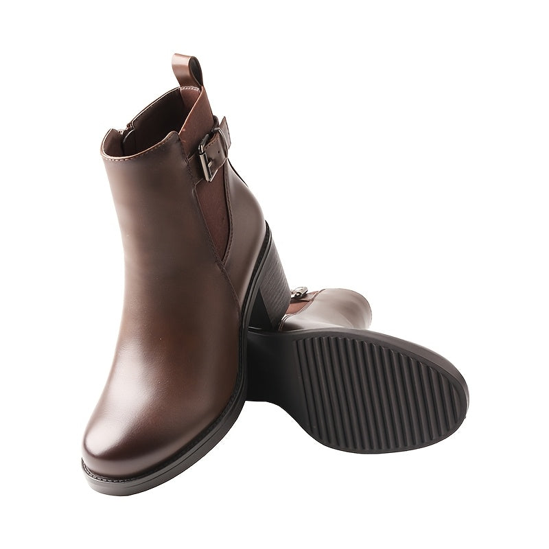 TMA EYES Women’s Chunky Heel Ankle Boots with Buckle Strap & Side Zipper - Stylish Brown Faux Cover Booties for Casual Wear, Mid-Height Design, Round Toe, All-Season Comfort, Comfortable Walking | Round Toe Booties | Polish