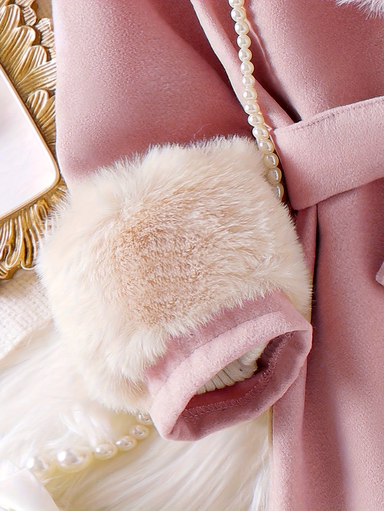 ' Princess-Style Beige Faux Fur-Lined Coat with Bow Detail - Slim Fit Long Sleeve Winter Jacket, Polyester Lining, Perfect for Fall/Winter Casual Wear, Winter Coat for , Autumn Outerwear, Elegant Bow Design, Soft Texture