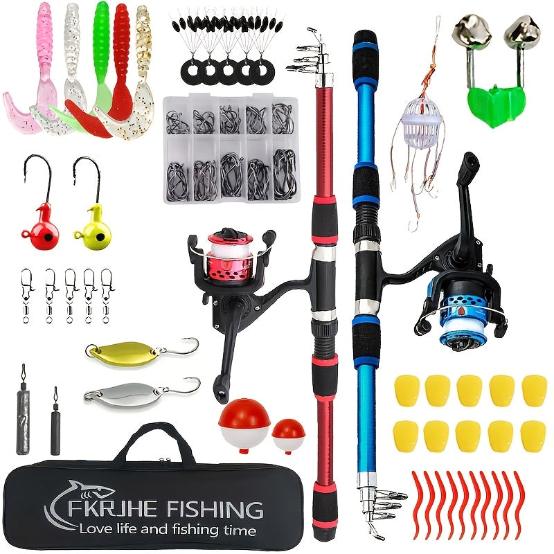 2pcs Fishing Gear Set/2 Telescopic Fishing Rods/2 Spinning Reels/1 Fishing Gear Bag/1 Box of Bait, Hooks, Sequins And Accessories