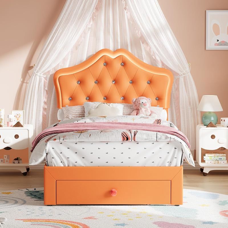 Twin-Size Single Bed Frame with Headboard & Storage Drawers - Modern Platform Bed with Upholstered Headboard, Easy Assembly, No Springs Needed
