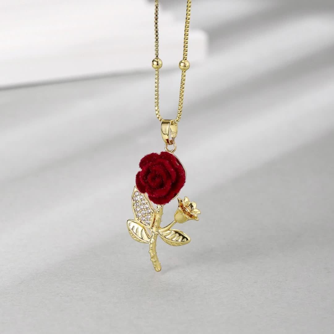 925 Sterling Silvery Red Rose Pendant Necklace, 18K gold plated 18K gold plated-plated Teenager'S Necklace, Chain, Waterproof, Sweat-proof, Inlaid With Synthetic Synthetic Zircon, Daily Wear, Holiday, Birthday, Anniversary
