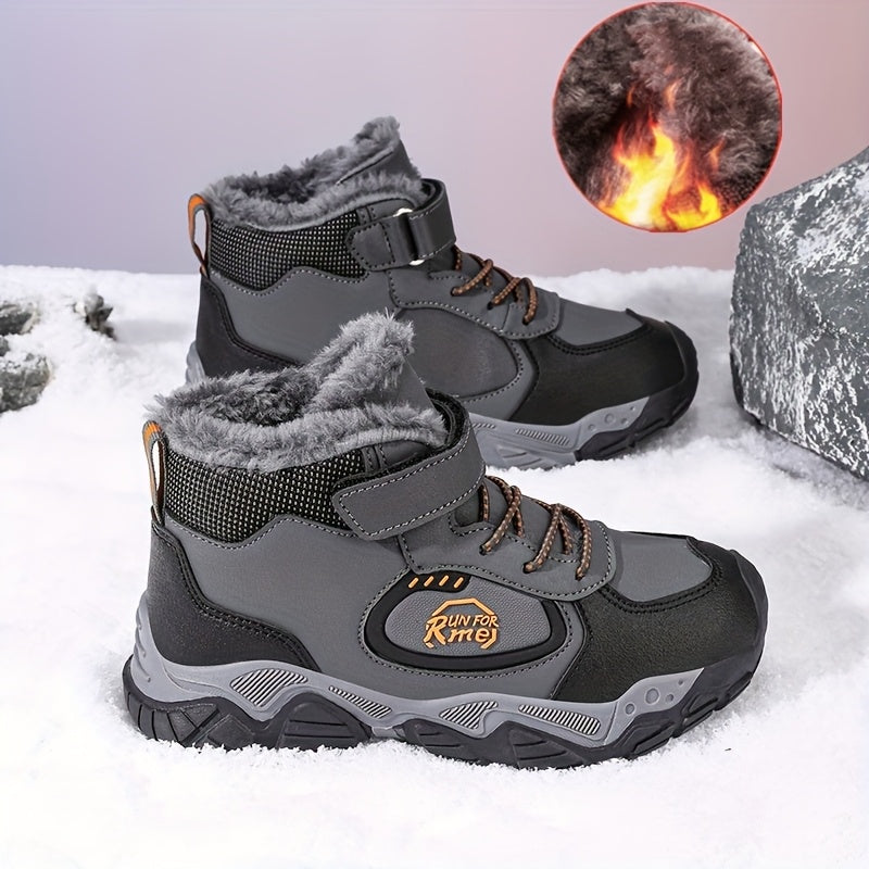 CKNOY Boys' Winter Fleece-Like Warm Hiking Boots & Shoes - Thick-Soled Traction, Adjustable Hook-and-Loop Closure, Large Plus Size (Big) Heavy-Duty Outdoor//Casual Shoes with Cushioned Sole & PU Upper (Green/Black), Boys Wint