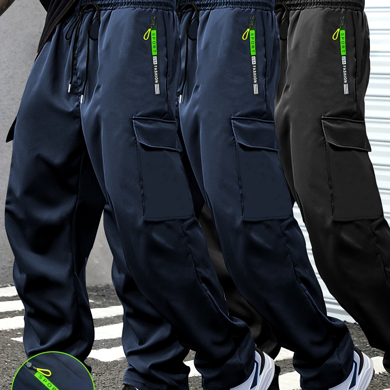 3-Pack of Men'S Thin Work Pants with Drawstring Elastic Waistband, Zipper Pockets, Large Patch Pockets, Comfortable And Breathable, Suitable for Outdoor Daily Leisure