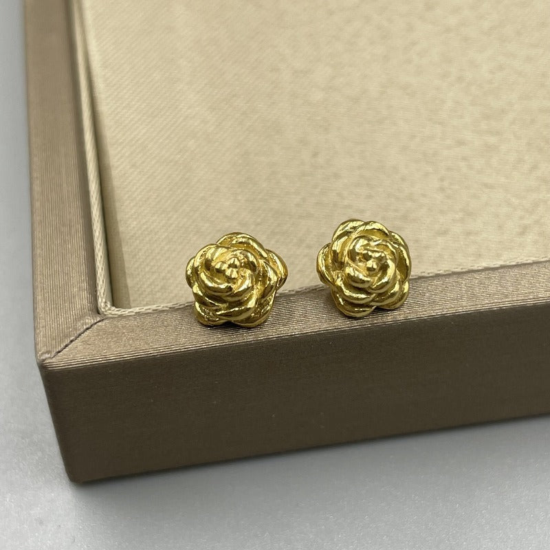 Women'S Rose Stud Earrings - Real Golden-Tone Flower Jewelry, Elegant Everyday & Formal Earrings for Women, Birthday/Anniversary Gift