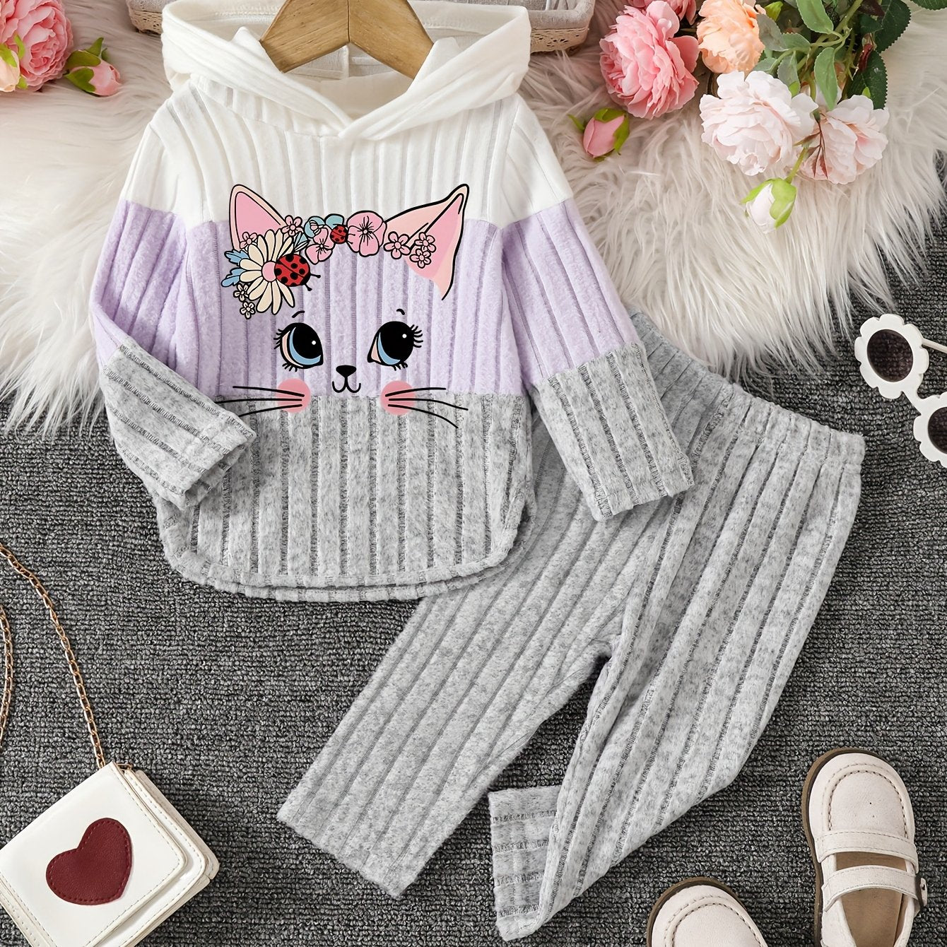 2pcs Girls' Winter Warm Hooded Sweater & Pants Set - Soft Pastel Pink & Color Block Outfit with Heart & Cat Face Appliques, Long Sleeve Pullover & Joggers, for Outdoor, Casual Attire (machine Washable)