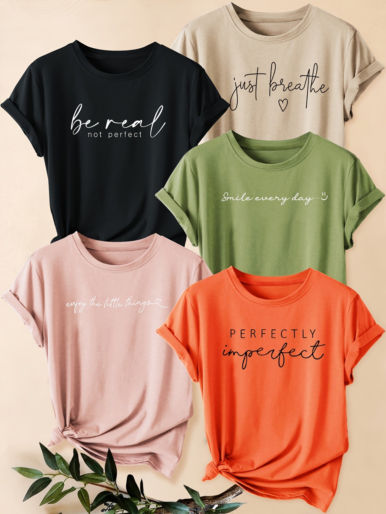 Women's Casual Sporty Round Neck Short Sleeve T-Shirts, Five-Pack, Vintage Style, Black and White Letter Print, Fashion