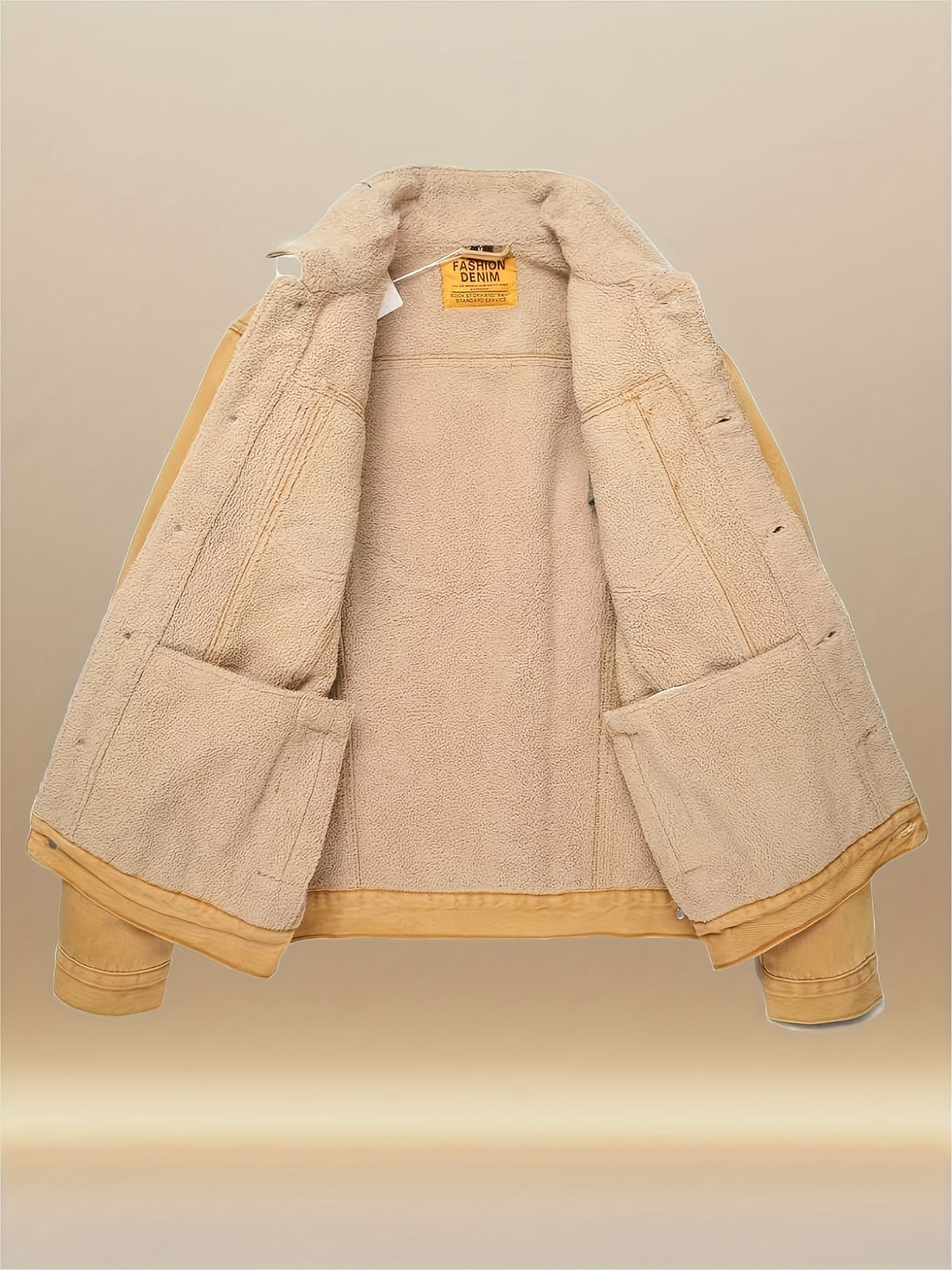 Men'S Slim Fit Heavyweight 100gsm Plush-Lined Faux Denim Jacket - Classic Yellow Washed Vintage Style Lapel Collar & Single-Button Closure, Winter Warmth for Casual & Semi-Formal Outfits, Durable Lining, Versatile Cold-Weathe