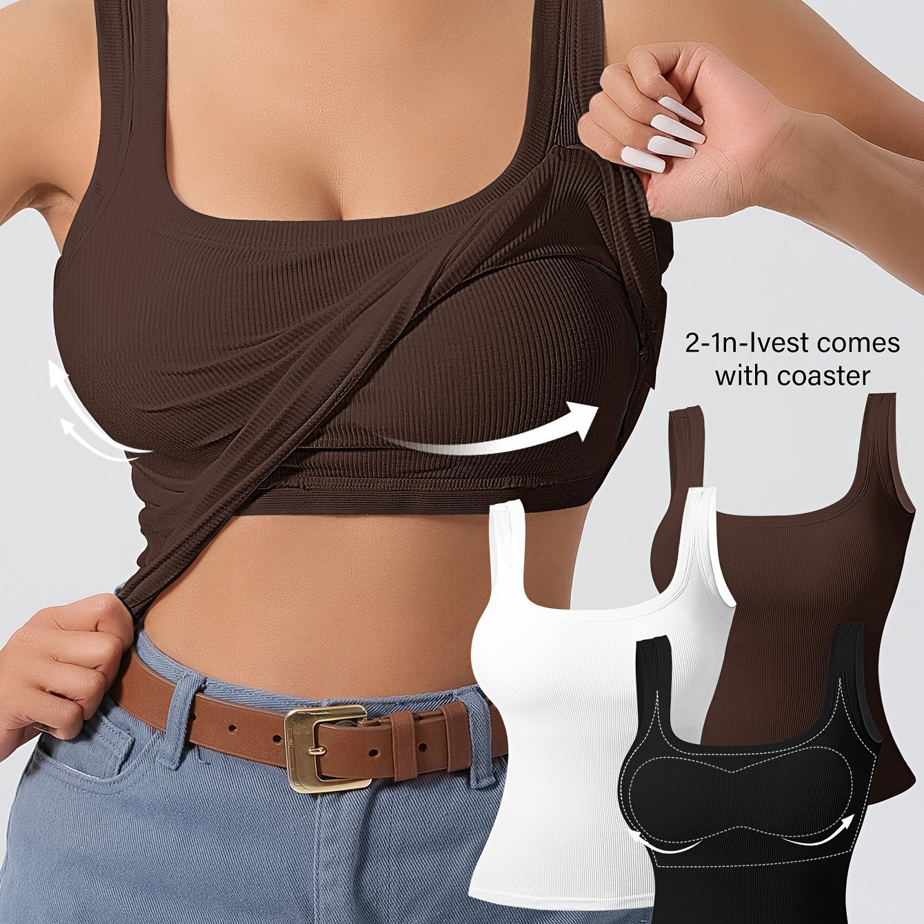 Women's 3Pcs U-Back Tank Tops With Removable Pads, Slim Fit Solid Color Versatile Inner & Outerwear Camisole Vest Set Casual Style