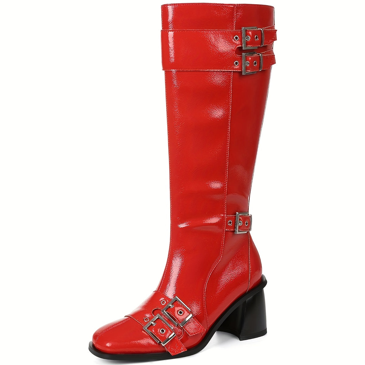 Women's Retro Buckle Strap Pointed Toe Chunky Mid-Calf Boots - Glossy Black PU Cover, All-Season Versatile Ankle Boots with Zipper Closure & Rubber Sole for Casual & Formal Outfits, Allseason Boots | Buckle Strap Detail | Zip