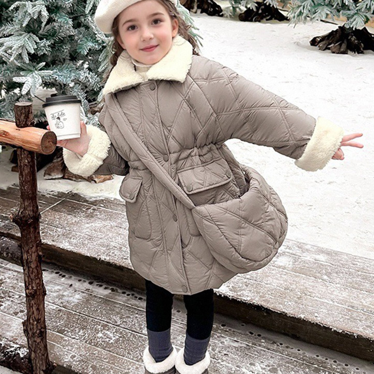 2pcs Girls' Winter Warmth Fleece-Lined Windbreaker Coat & Matching Bag Set - Thickened Cold Weather Jacket with Zipper Closure, Cozy Casual Style