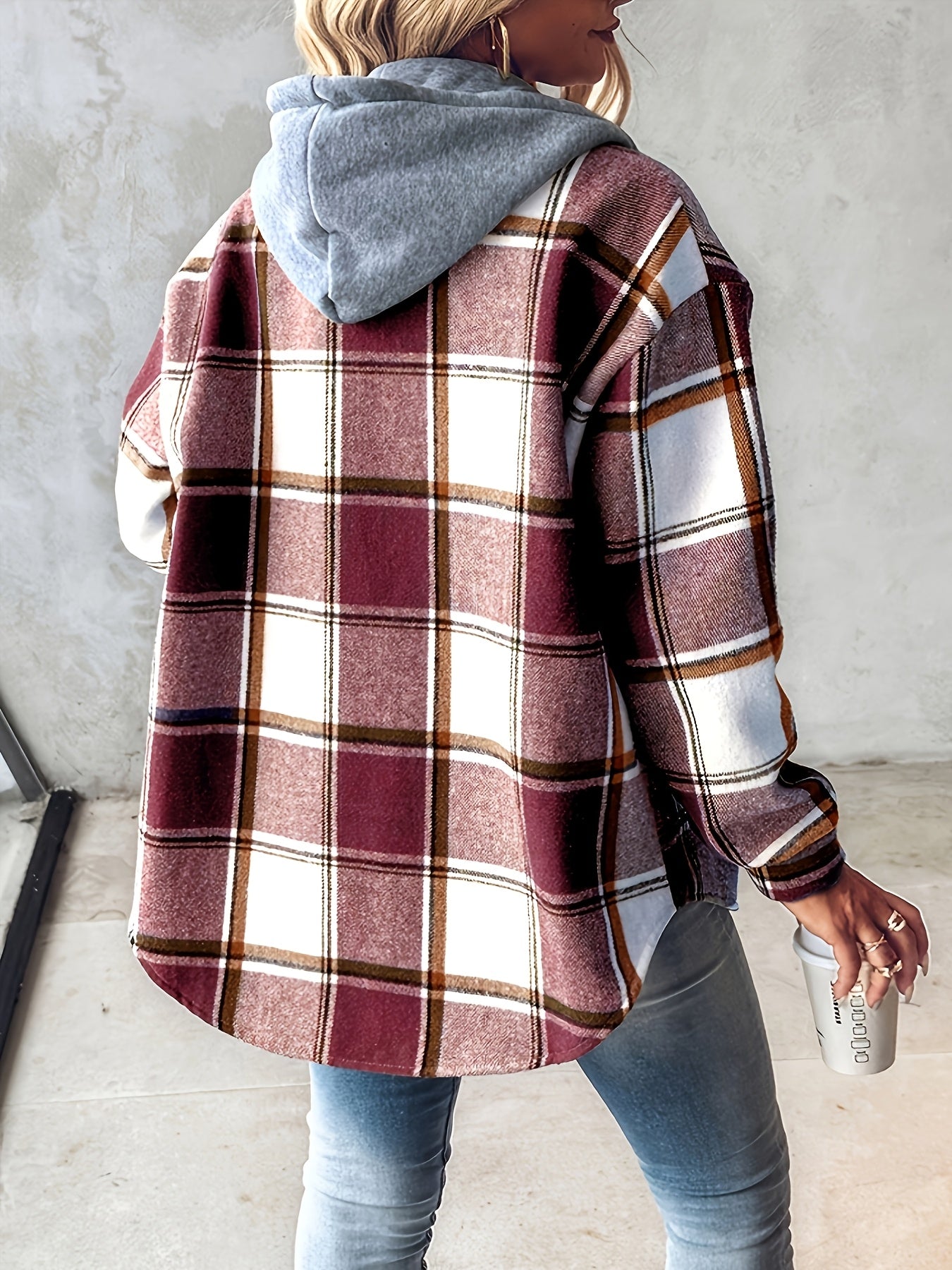 Women'S Oversized Checkered Jacket with Fleece Lining - Hooded Plaid Coat, Long Sleeve Casual Winter Spring Fall Outerwear, Brown/Black/Gray/Beige Tartan Pattern, Machine Washable Relaxed Fit Jacket for Everyday & Formal Outf