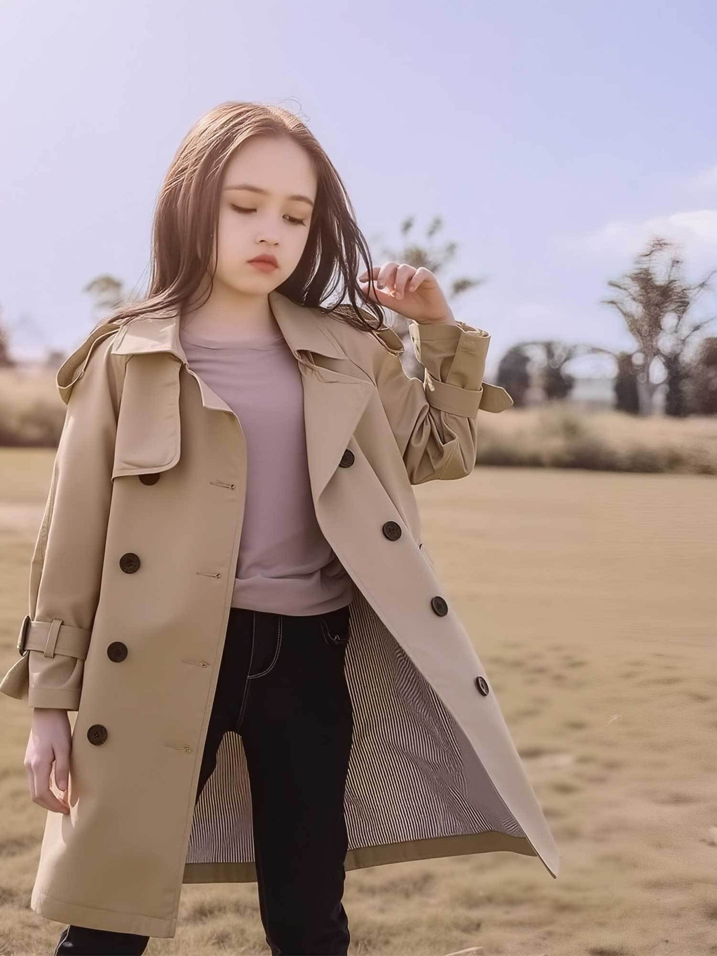 Girls 8-12 Years British-Style Khaki Trench Coat - Mid-Length & Casual Jacket with Belt-Free Waist Cinch, Button Front, Collar & Golden-Tone Buttons - Machine Washable Outerwear for (No-Lift Design)